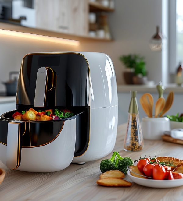 Create a high-quality, realistic advertising photograph of an air fryer in a minimalist, modern kitchen. The air fryer should have food both inside the basket and arranged attractively outside. Use warm, natural lighting with beautiful shadows and avoid green or blue color dominanc --ar 3:2 --style raw --personalize exnatwy --stylize 1000 Job ID: 386eb4b9-7e07-4d94-810f-026f2401d0ea